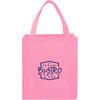 A pink non-woven grocery tote bag featuring a logo on the front. It has two sturdy handles for carrying.