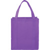 A purple reusable grocery tote bag with two sturdy handles and a logo on one side.