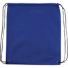 A blue drawstring sportspack featuring a logo and two adjustable black cords for carrying.