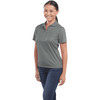 A women's short sleeve polo in a soft green colour, featuring a collar and a branding logo.