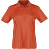 An orange women's polo shirt with a collar and button placket, featuring a logo.