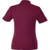 A maroon women's polo shirt with short sleeves and a collar, featuring branding on the back.