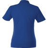 A blue women's polo shirt featuring a collar and short sleeves, with a logo on the back.