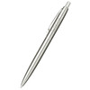 A recycled stainless steel ballpoint pen with a silver finish and a clip, featuring a logo.