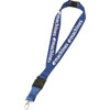 A blue lanyard featuring a logo, designed for exhibitions and events, with a clip for attaching items.
