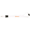 A white lanyard featuring a black clip and branding, suitable for exhibitions and events.