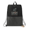 A black and grey drawstring bag with a logo on the front and a looped handle at the top.