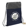 A navy and grey drawstring bag featuring a logo and botanical design. Made from recycled materials.