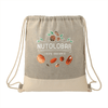 A natural grey and beige drawstring bag made from recycled cotton, featuring a logo and various nut graphics.