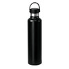 A drink bottle in matte black stainless steel, featuring a stainless steel lid and a handle.
