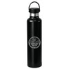A drink bottle in matte black stainless steel, featuring a carry handle and a logo on the front.