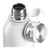 A drink bottle in white with a stainless steel cap and a screw neck opening, featuring a logo.