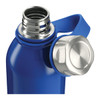 A drink bottle in vibrant blue with a stainless steel lid and handle. Features an inner threaded design and a logo.