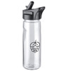 A drink bottle in clear plastic with a black cap and spout, featuring a logo design in black.