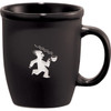 A black ceramic mug with a handle, featuring a logo of a figure running while holding a cup.