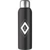 A drink bottle in black stainless steel with a silver lid and a logo design. Perfect for sports and hydration.