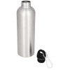 A drink bottle made of stainless steel with a sleek silver finish and a black cap attachment.