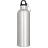A drink bottle made of aluminium with a sleek silver finish and a black cap, featuring a carry clip.