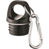 A drink bottle cap with a black design, featuring a keyring attachment for easy carrying.