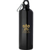 A drink bottle in black aluminium with a carabiner and a logo printed on it.