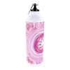 A drink bottle made of aluminium, featuring a pink design and a silver cap with a clip. It has a logo printed on it.
