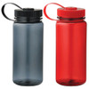 A drink bottle set featuring a black and a red 650ml sports bottle, both with matching lids and straps.
