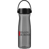A drink bottle in transparent grey with a black lid and handle, featuring a logo on the side.