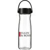 A drink bottle in clear plastic with a black lid and carrying handle, featuring a logo.
