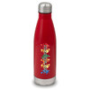 A drink bottle made of red stainless steel with a silver cap and a logo on the front.