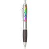 A plastic pen in silver and black with a colourful logo. It features a sleek design and click mechanism.