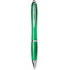 A green ballpoint pen made from recycled PET, featuring a chrome clip and accents, with branding visible.