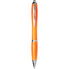 An orange ballpoint pen with chrome accents, featuring a clip and a branding logo.