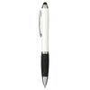 A stylus pen in white and black, featuring a smooth design and a silver clip. Includes a logo.