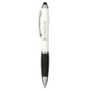 A white and black antibacterial stylus pen featuring a logo on the barrel and a touch screen tip.