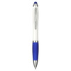 A stylus pen in white and blue, featuring an antibacterial design and a branding logo.