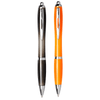 Two ballpoint pens, one in grey and one in orange, with chrome accents and a logo on each.