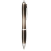 A ballpoint pen with a sleek grey design and silver accents, featuring a clip and a branding logo.
