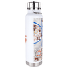 A drink bottle in white with a colourful abstract design, featuring a stainless steel lid and a copper vacuum insulation.