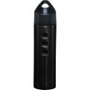 A drink bottle in black stainless steel, featuring a black lid with a built-in handle and a logo.