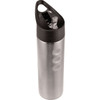 A stainless steel drink bottle with a black lid, featuring a spout and a handle for easy carrying.