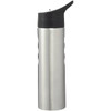 A stainless steel drink bottle with a silver finish and a black lid, featuring a textured grip.