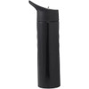 A drink bottle in sleek black stainless steel, featuring a streamlined design and a spout lid. It has a logo.