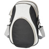 A cooler bag with a black and grey design, featuring a shoulder strap and a zippered compartment.