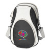 A black and white cooler bag featuring a colourful brain graphic and an adjustable shoulder strap.
