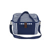 A striped cotton canvas cooler bag in navy blue and white, featuring handles and a shoulder strap.
