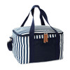 A striped cotton canvas cooler bag in navy and white with dual handles and a zip closure.