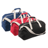 A duffle bag collection in navy blue, red, and black, featuring contrasting straps and zippers, with logos visible.