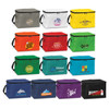 A collection of colourful cooler bags in various shades, each featuring different logos and branding.