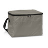 A grey cooler bag with a zip closure and a side handle, featuring a front pocket and a simple design.