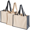 Three functional tote bags in beige with navy and tan handles, featuring a logo on each bag.